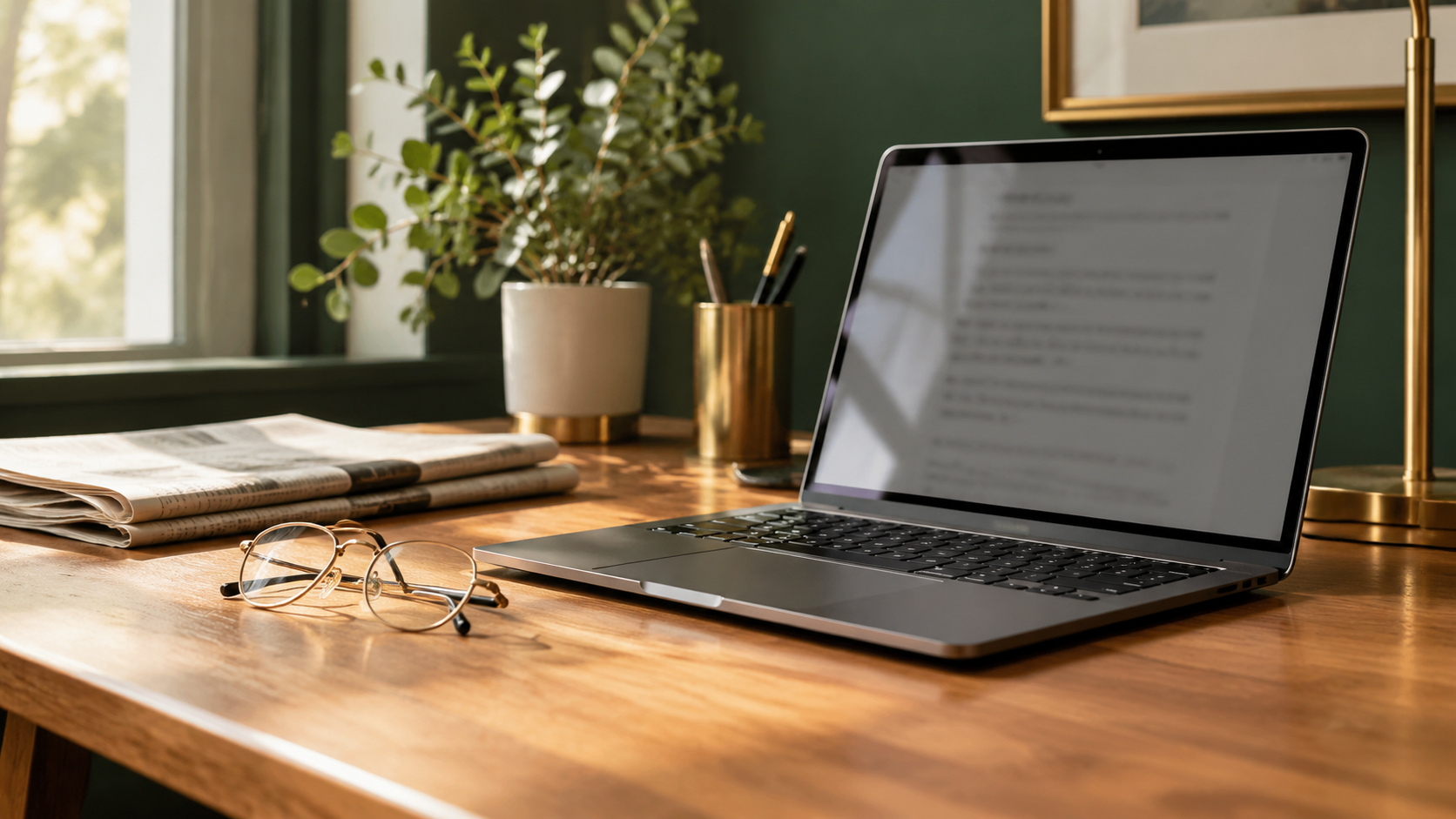 Laptop z otwartym edytorem tekstu na drewnianym biurku, obok gazeta i okulary